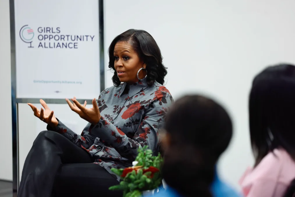 Mrs. Obama joins a Girl’s Opportunity Alliance roundtable discussion with young girls from Chicago-area girl organizations at the Obama Foundation office in Chicago, IL on December 2, 2021.