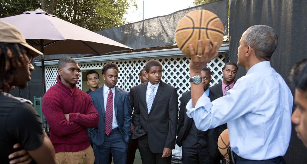 The President meets with a group of mentees in the Roosevelt Room