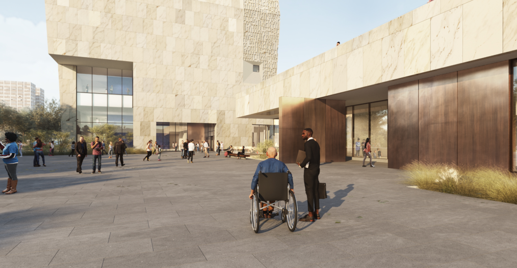A graphic depiction of a man in a wheelchair and another in a suit in the tiled courtyard of the Obama Presidential Center. People mill around further ahead of them.