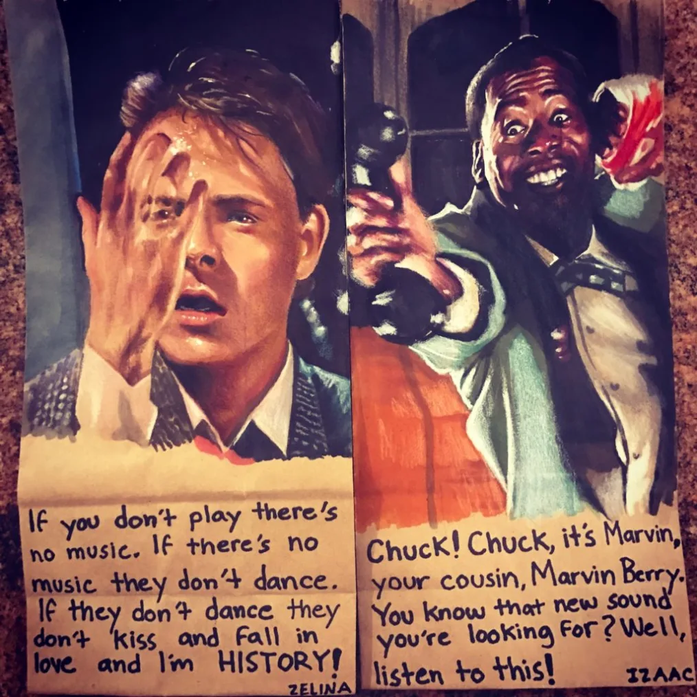 A painting on a brown paper bag of a man with a light skin tone and short brown hair, holding his hand up in disbelief. Another painting on a brown paper bag of a man with a deep skin tone and short, curly, black hair holds a black telephone with a sinister grin while his other hand is in a wrap with blood. Below the two paintings are text from the artists 