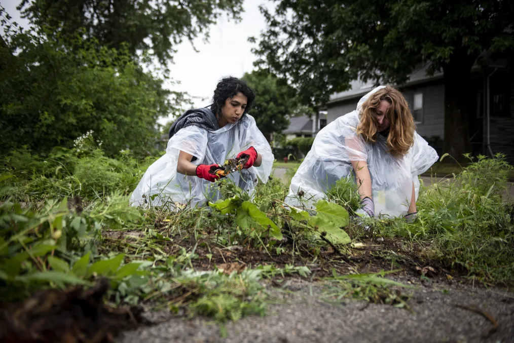 Two people wear thin, clear rain ponchos while digging in dirt and vegetation. Behind them are trees and a house.