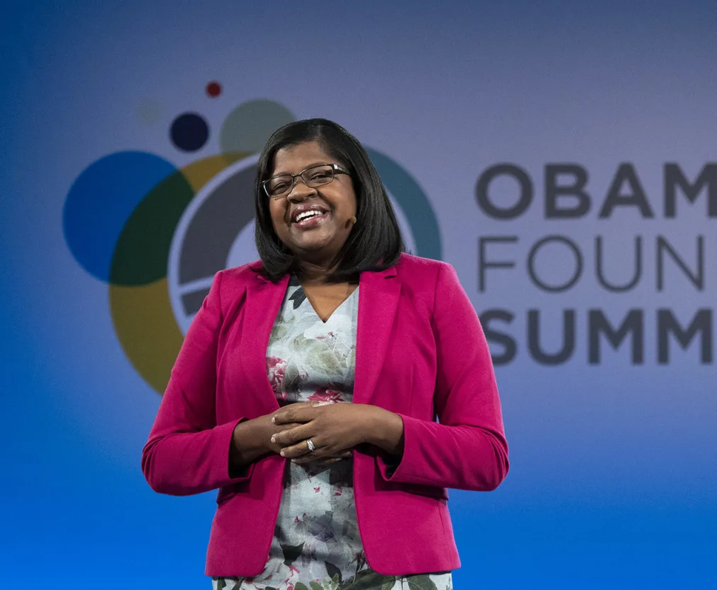 Nedgine Paul Deroly speaks at the 2018 Obama Foundation Summit. 
