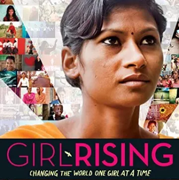 A cover with a profile of a young south-asian woman with medium-deep skin tone long black hair, and a dark red dot just below the center of her forehead. She is looking off slightly to the left with a confident expression. At the bottom of the cover reads "GIRL RISING, Changing the world one girl at a time." Beind the big profile of the woman is a set of collages of various images related to volunteering, people, and other activities.