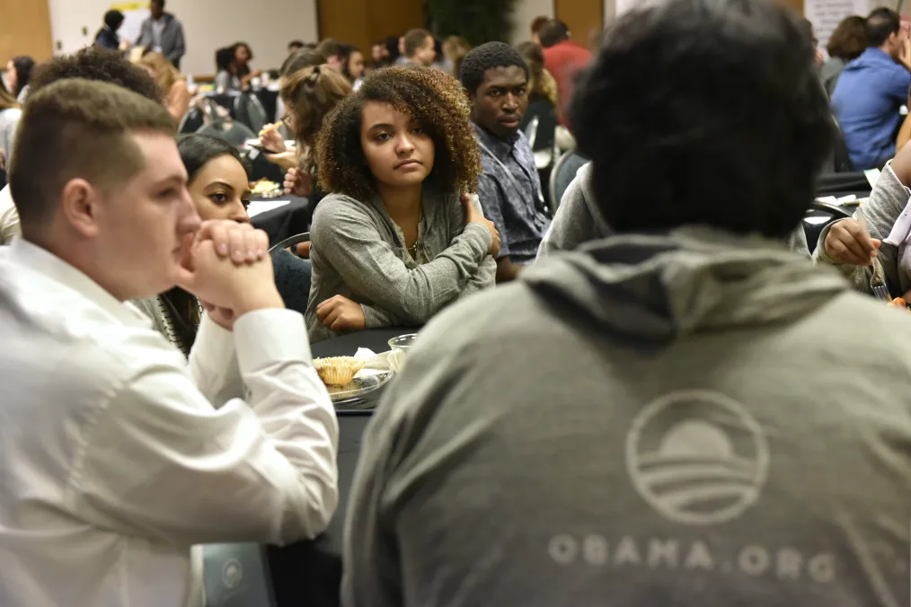 Conference attendees listen to one another's stories during the Obama Foundation Community Leadership Training Day in Oklahoma City on October 6, 2018