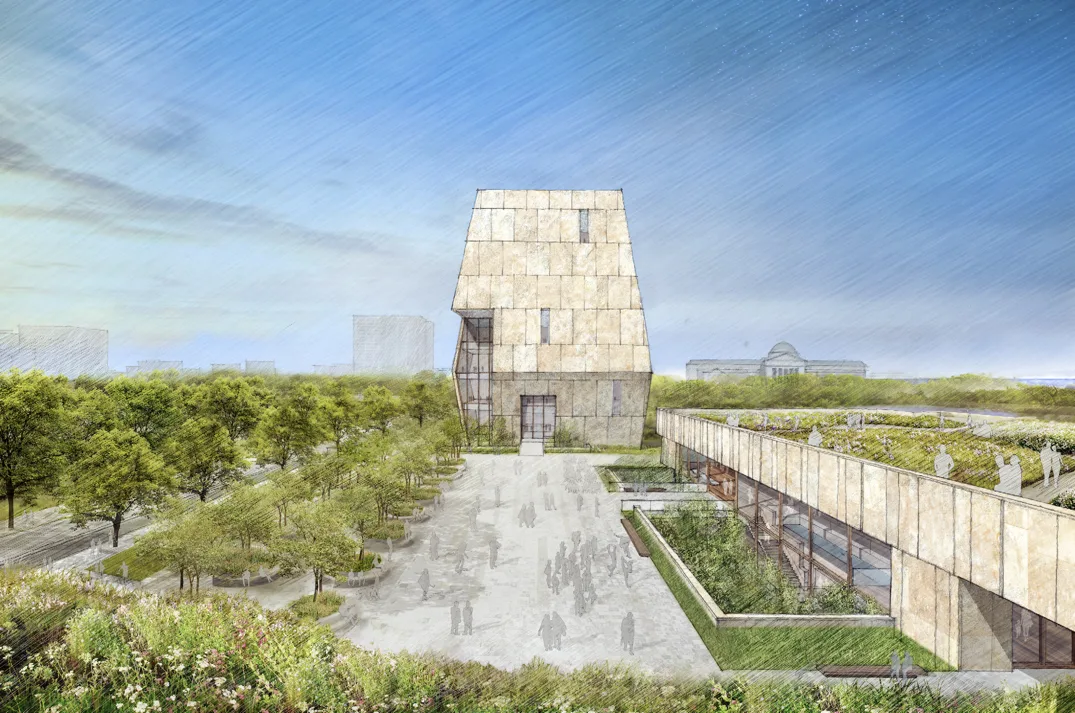 A sketch of the future Obama Presidential Center. There are trees and shrubs below the horizon line of the sketch. In the center stands a tall, angular building. To the right there is a shorter rectangular building with grass atop. There are sketches of people walking around in front of the angular building and atop the rectangular building. 