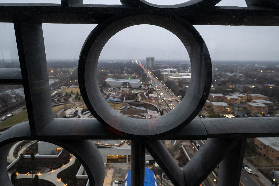 A close-up image of the letters of the “You Are America” installation from inside the Sky Room. 