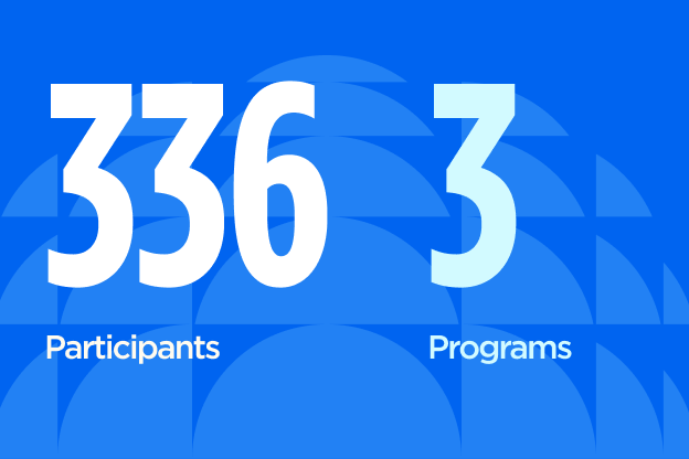 A blue graphic reads, “336 participants” and “3” programs.” The text is white and light blue.