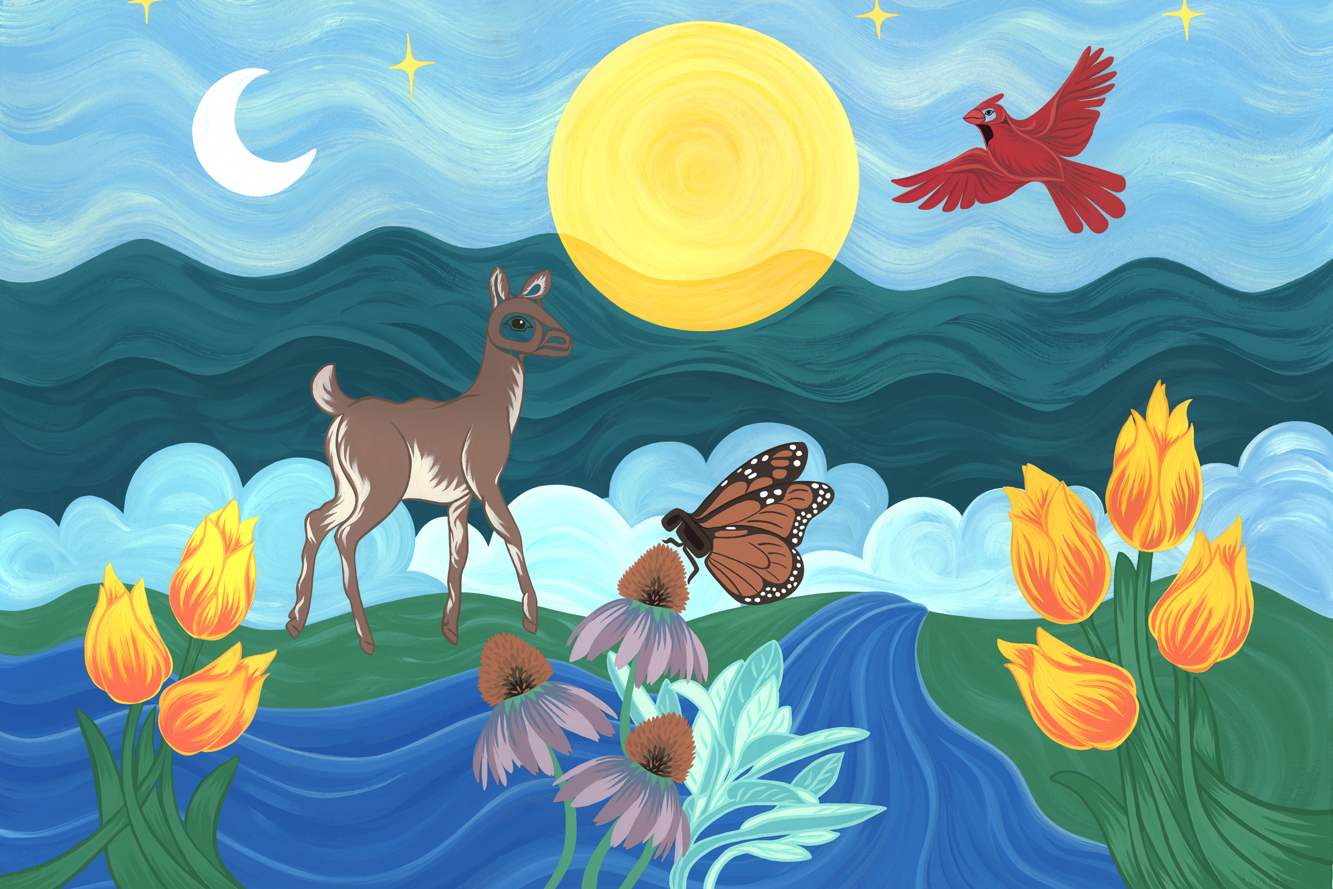 An illustration of a deer, a butterfly on a flower, and a cardinal in the sky next to a big yellow son. Gradient blue ocean waves are in the background. 