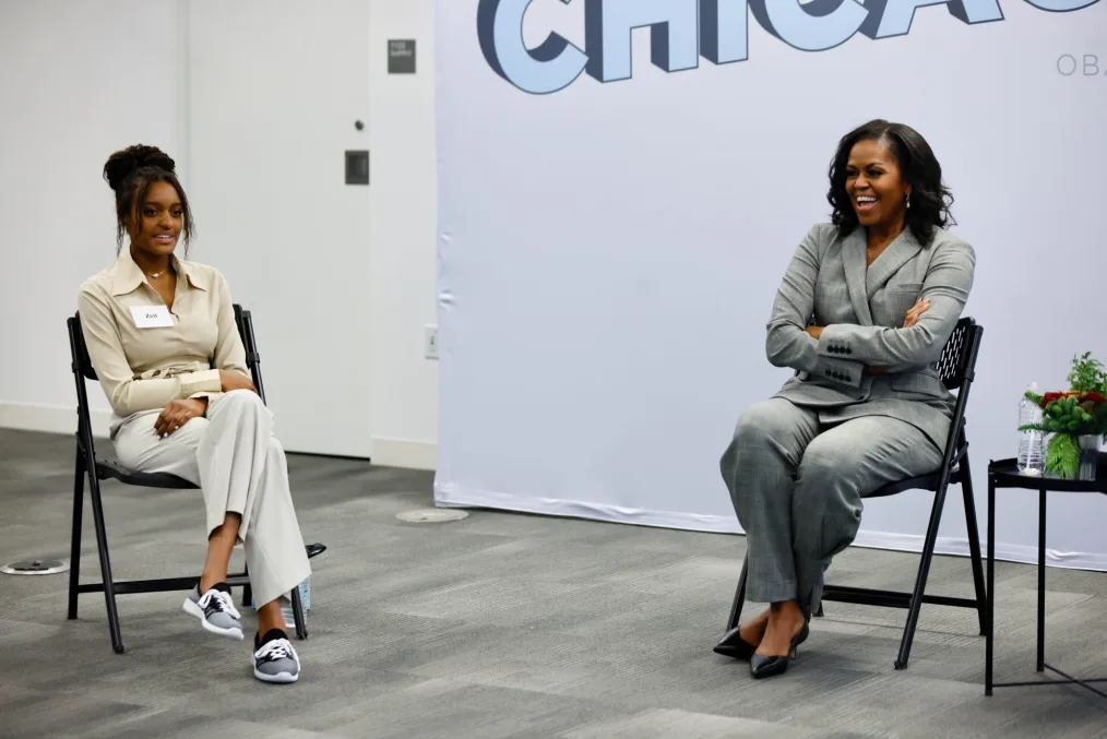 Mrs. Obama meets with Hyde Park Academy students at the Obama Foundation office in Chicago, IL on December 3, 2021.