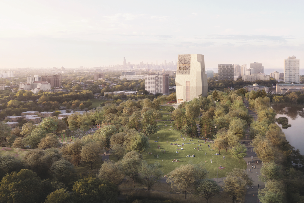 A rendering  view of the Obama Presidential Center on Chicago’s South Side, a 19.3-acre community campus in Jackson Park featuring a museum, public library, Great Lawn, Home Court, and spaces for gathering, learning, and recreation.