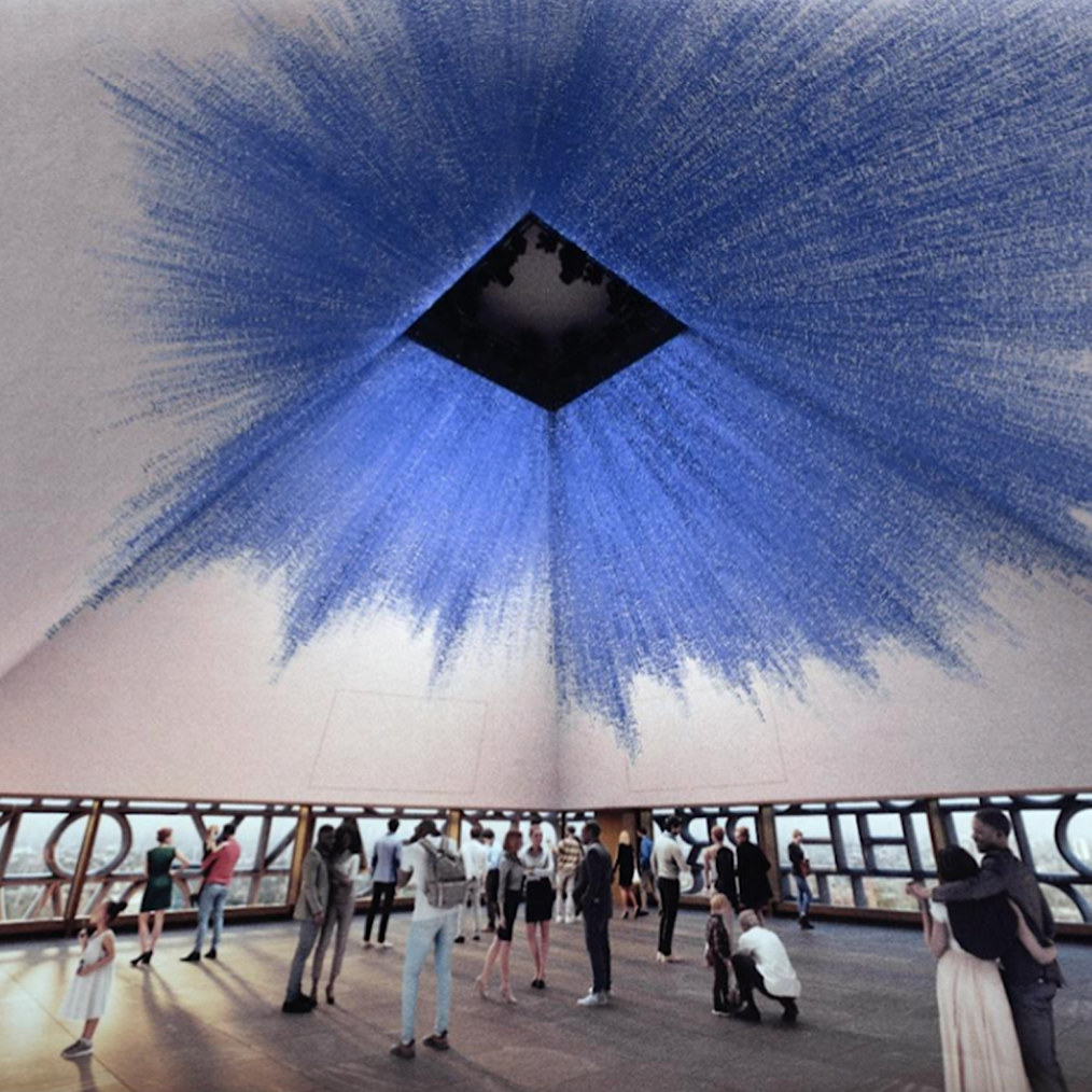 Panoramic views of the Sky Room, a space in the Obama Presidential Center Museum. At the top of the image is a ceiling art installation by Idris Khan that is white and purple with sharp lines extending outward and across the ceiling. 
