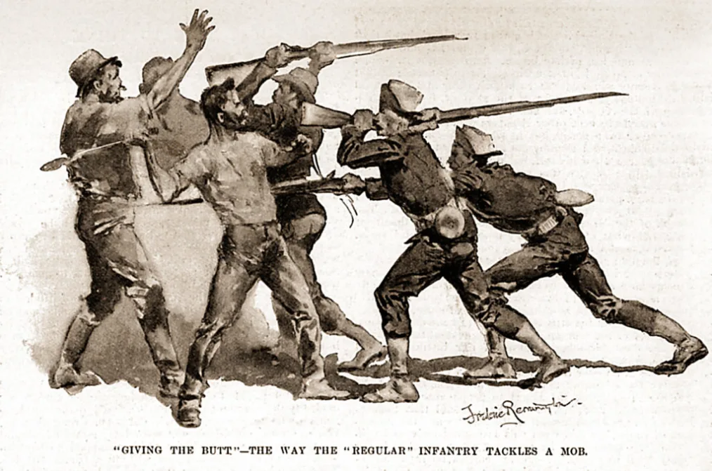 A drawn brown, black and white realisitc picture. On the left is a small portion of a mob of white men. Attacking them are infantry with the butts of their guns. At the very bottom reads "Giving the Butt" -- The way the regualr infantry tackles a mob" and a signature.