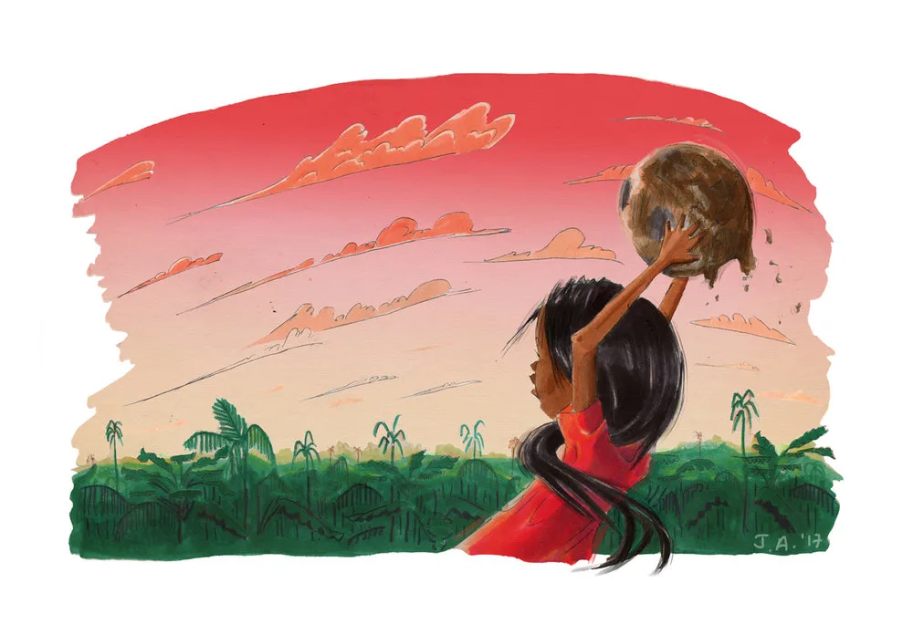 An illustrated girl throws a soccer ball at sunset.