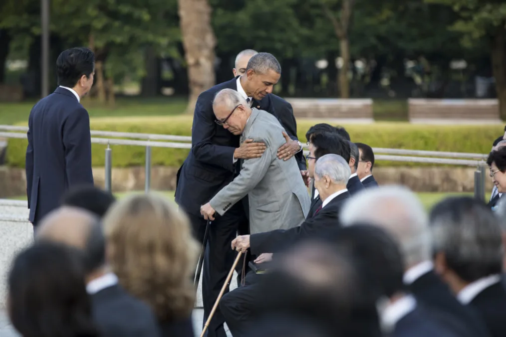 President Obama hugs survivor Shigeaki Mori following remarks at the Hiroshima Peace Memorial in Hiroshima, Japan, May 27, 2016. 