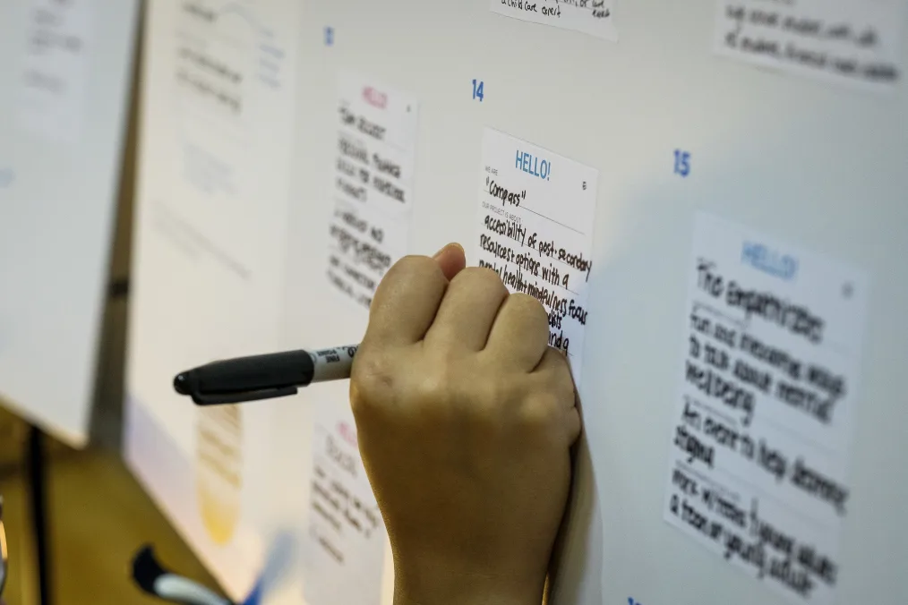 A hand with a light-medium skin tone writes on a board with note cards on it with different color headings. The hand is writing on a card in the center of the board titled "Hello... We are: "Compass"