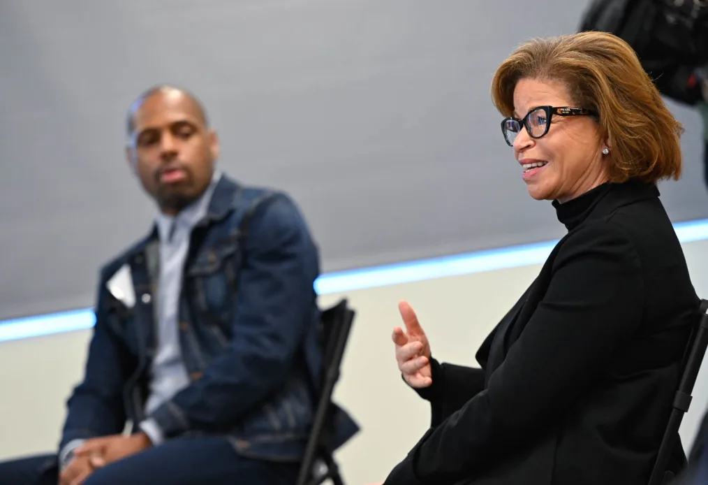 Valerie Jarrett speaks at a roundtable discussion with President Obama and Chicago grassroots community leaders at the Obama Foundation office in Chicago, IL on December 2, 2021.