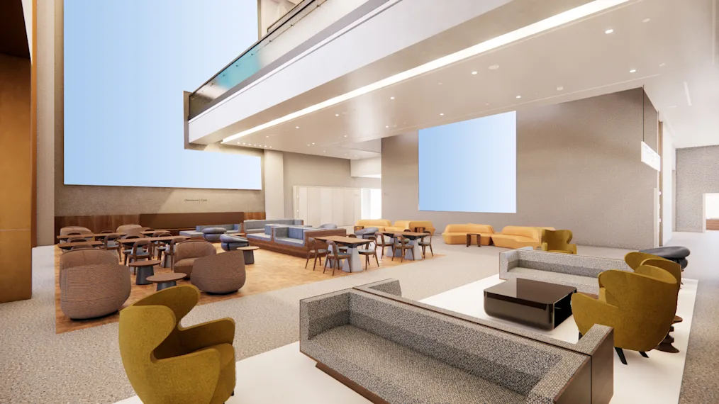 A digital rendering of the Obama Presidential Center's Museum Atrium featuring modern-style sofas, chairs and tables.