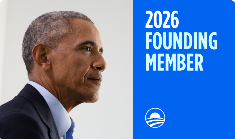 A profile photograph of Barack Obama looking forward. To the right, a solid blue block contains the text "2026 FOUNDING MEMBER" in white, with the Obama Foundation logo at the bottom.