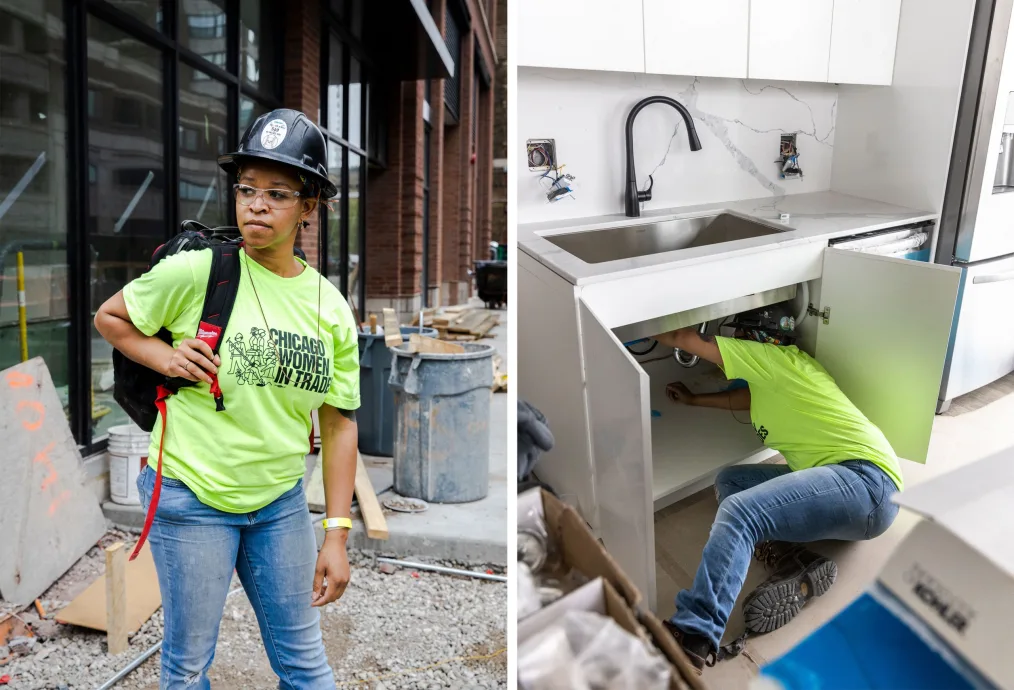 Two photos show Zahrah at work, one carrying a backpack, under a sink in the other.
