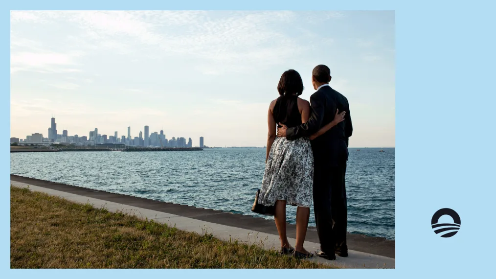 In an image from our Annual Report, President Barack Obama and First Lady Michelle Obama look out at the city skyline and Lake Michigan.