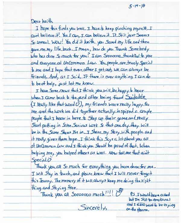 A letter written on notebook paper in blue pen. It is addressed to Keith, dated 5-14-18 and thanks UnCommon Law for saving his life. The signature has been redacted from the bottom. 
