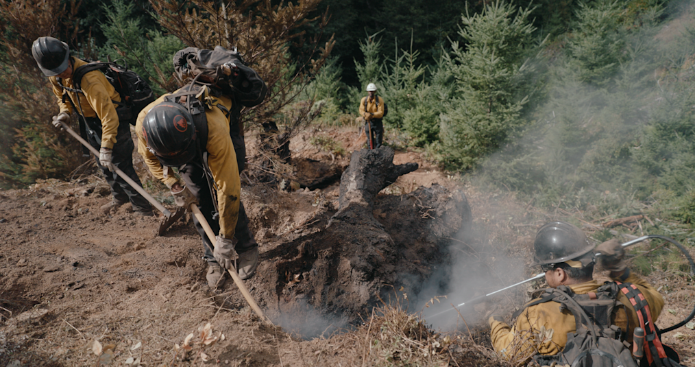 Photo Credit: Blue Chalk Media “Firebreak”
An aerial view of firefighters digging into the ground. All have a range of light to dark skin tones. They are outdoors and dressed in firefighter protective gear and black hard hats.