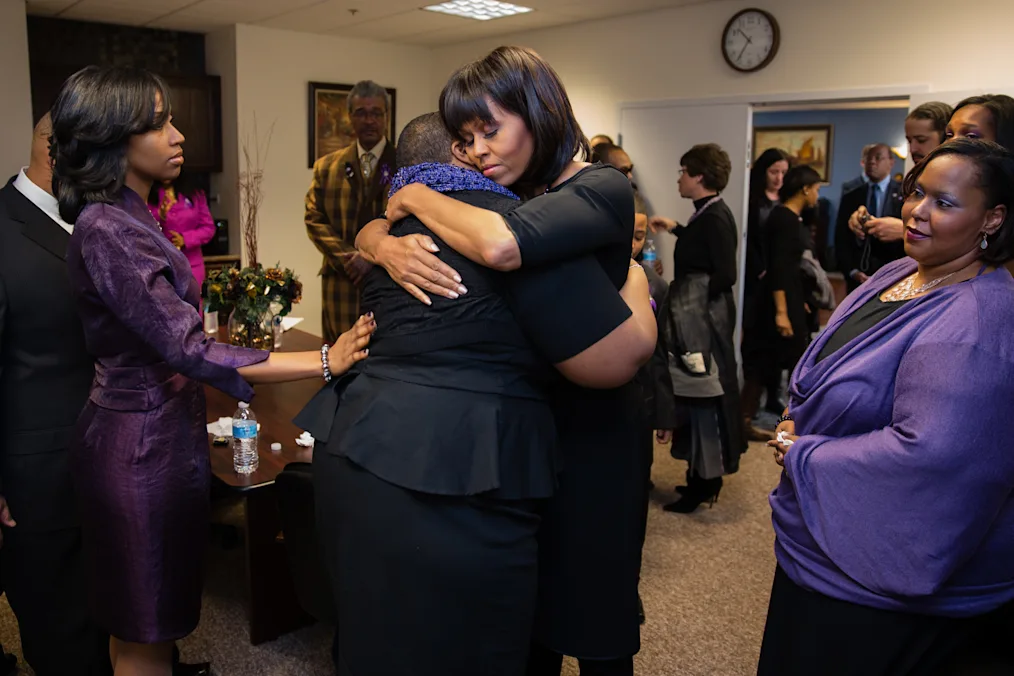 First Lady Michelle Obama, Sec of Education Arne Duncan, Valerie Jarrett, greet family  of Hadiya Pendleton before funeral services at Greater Harvest Missionary Baptist Church in Chicago, IL Feb 10, 2013. (Official White House Photo by Chuck Kennedy)