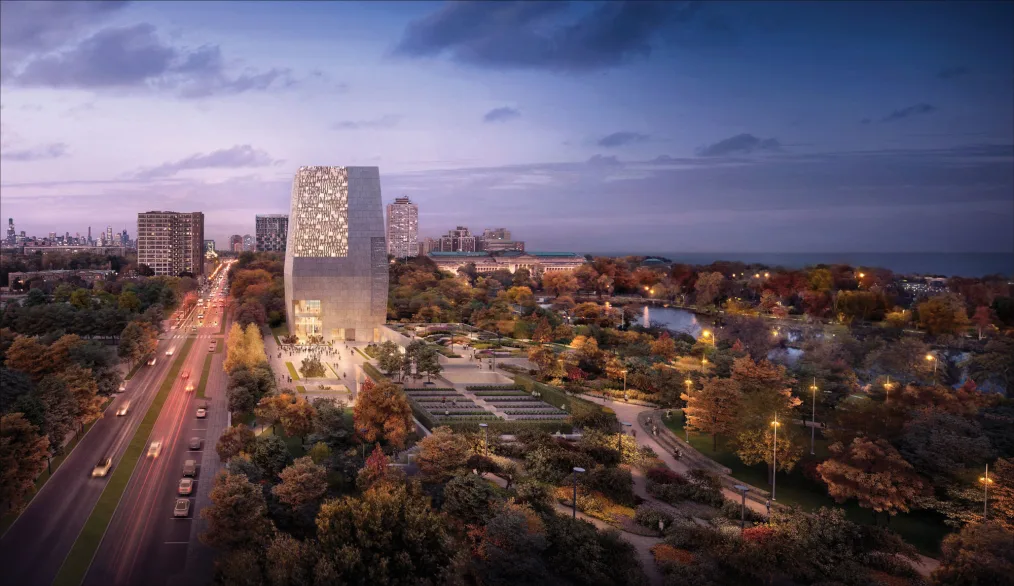 A rendering of the Obama Presidential Center at night.