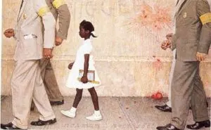 A painting of ruby bridges a young deep neutral tone girl wearing a white dress with 4 officers with light neutral tones walking with her