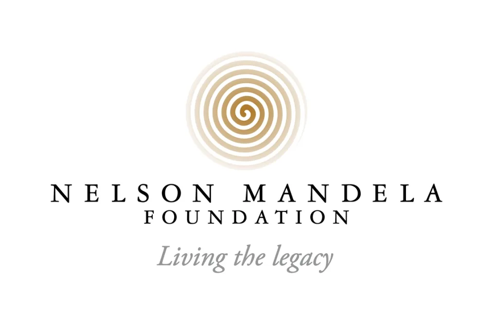 The words "Nelson Mandela Foundation, Living the Legacy" on a white background with a golden spiral above.