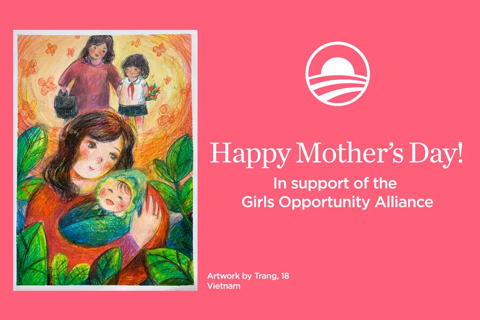 A card reads, "Happy Mother's Day" and "In support of the Girls Opportunity Alliance." On the left, is an illustration of a mom holding an infant. She is surrounded by flowers. In the background is a mother and a daughter holding hands. All have a light skin tone.