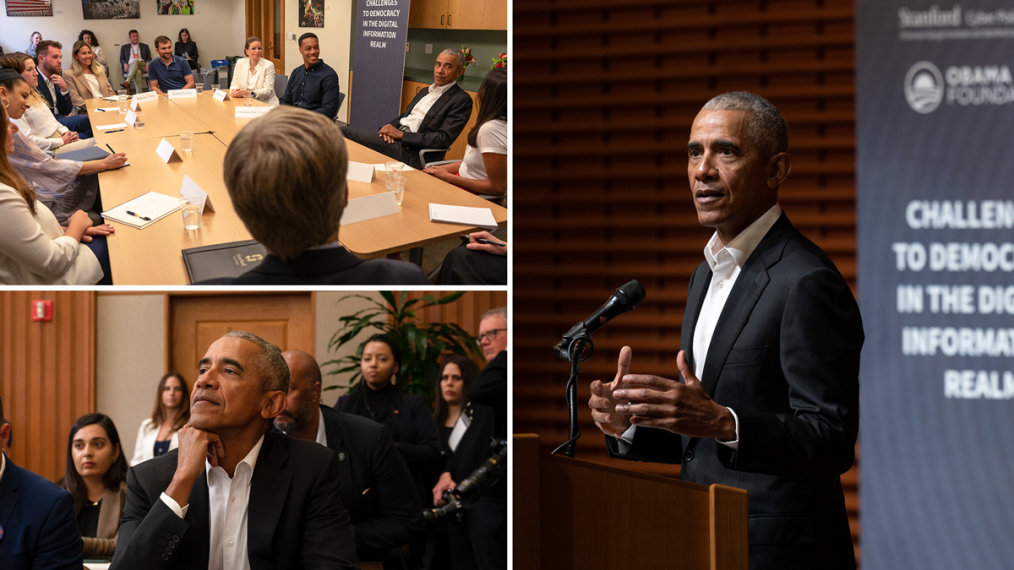 A three-photo collage. The photo on the right-hand side of the collage is of President Obama standing behind a podium. The photo on the top left of the collage is of President Obama sitting at a long table with other individuals of a variety of skin tones. The photo on the bottom left is of President Obama wearing a black blazer and white button-up shirt sitting amongst other individuals with different skin tones with his hand resting under his chin. 