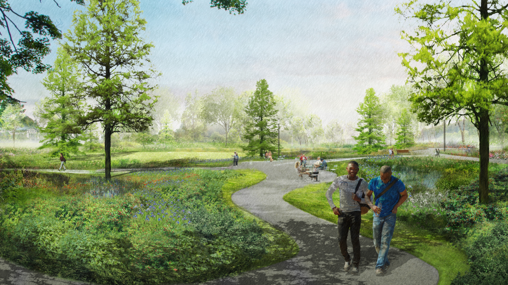 A rendering shows a park with trees, people walking, sitting, and talking in the distance.