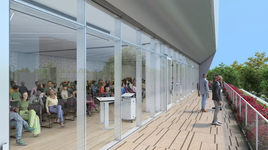 A digital rendering of the Home Court Multipurpose Room Terrace at the Obama Presidential Center's Home Court. People stand outside on a balcony next to a large wall of all windows.
