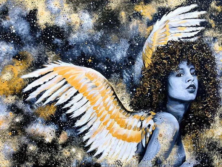 A painting of a woman with angel wings.