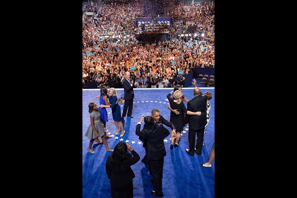 President Obama, First Lady Michelle Obama, and daughters Sasha and Malia are joined on stage by Vice President Joe Biden and Dr. Jill Biden, and their extended families at the Democratic National Convention at Time Warner Cable Arena in Charlotte, North Carolina, Sept. 6, 2012.