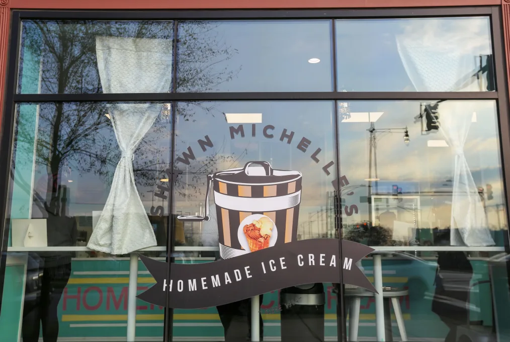A sign of the exterior of Shawn Michelle's ice cream shop.