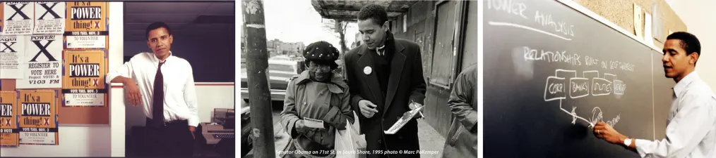 Three photos in a horizontal collage: one of a young Barack Obama with voting posters, one of a young Barack Obama and an older woman walking down the street, and one of a young Barack Obama drawing on a chalkboard.
