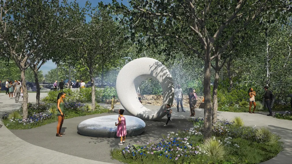 A digital visual representation of one of the outside sections of the Obama Presidential Center. There is a large stone on the ground with another stone with a hole in it sitting up behind the first stone. There are people of multiple skin tones and ages. There are trees, grass, and flowers all over the photo. 