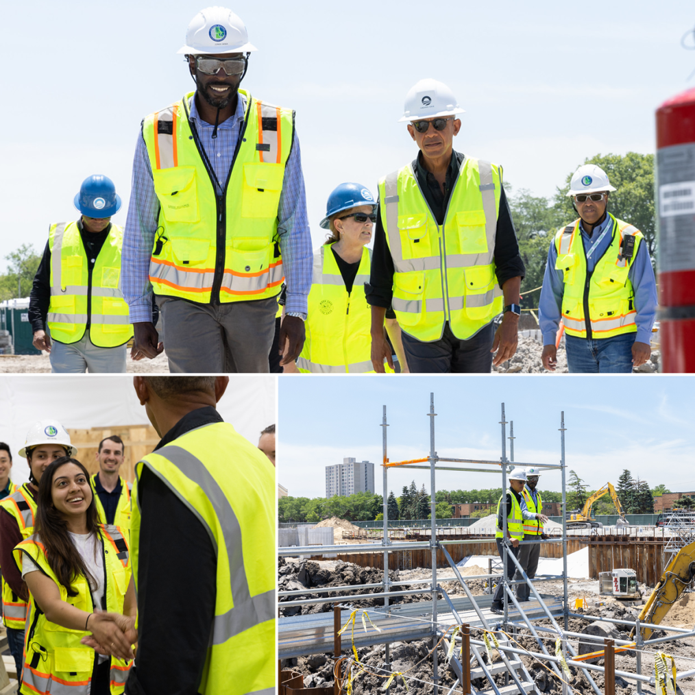 A three-photo collage. The photo on the top of the collage is of President Obama and four other construction workers of different skin tones wearing construction helmets and yellow vests. They are outside on a construction site. The photo on the bottom left of the collage is of President Obama shaking a young lady's hand that has a light skin tone and wearing a yellow construction vest. There are other people of different skin tones in the background. The photo on the bottom right of the collage is of President Obama and another man with a deep skin tone standing on a construction platform on a construction site outside. 