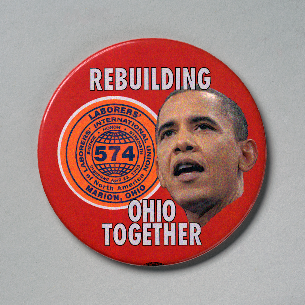 A red button with a photo of President Obama’s face on it that states “Rebuilding Ohio together”
