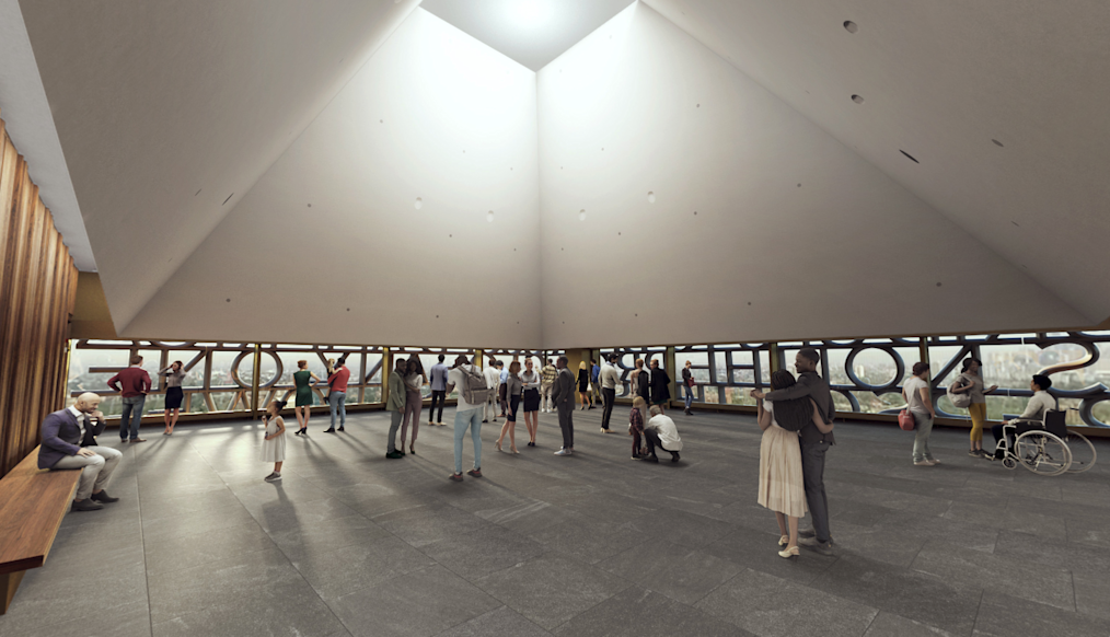 A digital rendering of the Sky Room at the Obama Presidential Center. The room is large with an angled ceiling. Windows along each wall have large letters over them.