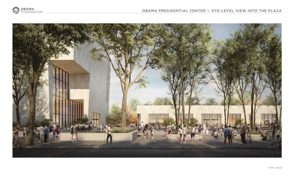 A rendering of the front of the Obama Presidential Center, with the words "Eye-Level View Into the Plaza" written at the top. The drawing shows crowds of people, some tall trees, and blocky-shaped tan buildings with large windows.