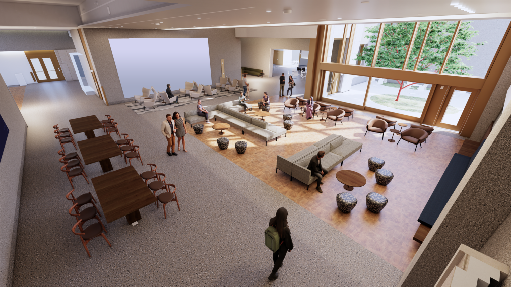 The rendering depicts the interior of the Obama Presidential Center. It shows a spacious area with modern architectural design and ample natural light. Visitors with a range of light to deep skin tones can be seen exploring the exhibits and engaging with interactive displays.