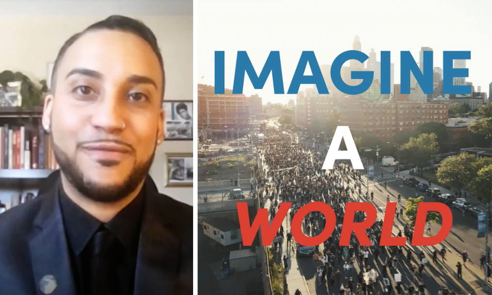 A split image: A man with medium skin tone with a dark beard and mustache on one side. On the other is a photo of a city street with a mass of people walking and the words "Imagine a World" overlaying it.