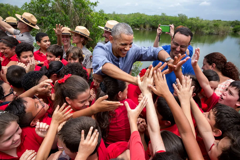 President Barack Obama greets a group of students at Everglades National Park, Fla., on Earth Day, April 22, 2015. (Official White House Photo by Pete Souza)