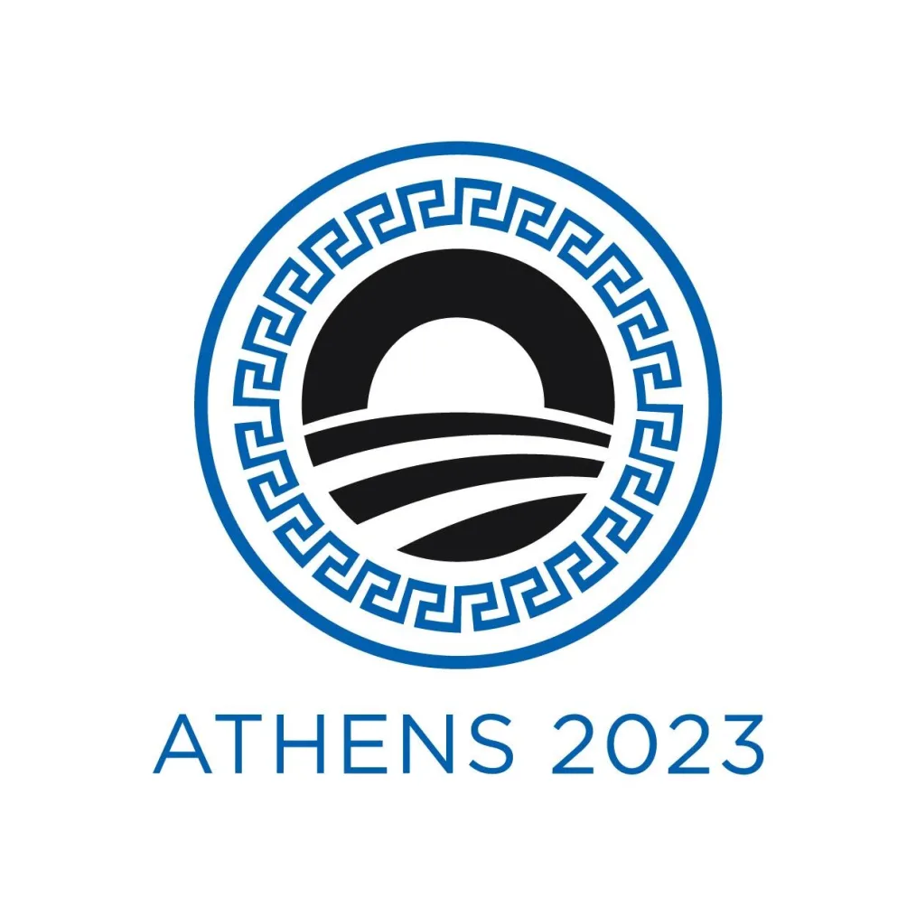 The Obama "O" logo surrounded by a blue Greek "key" pattern, also known as a meander, with the words "Athens 2023" beneath it.