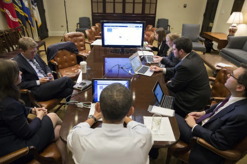 President Barack Obama participates in a Twitter live question and answer session in the Roosevelt Room of the White House, Dec. 3, 2012. (Official White House Photo by Pete Souza)