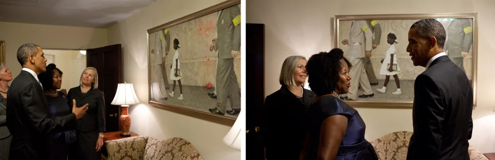 President Obama speaks to Ruby Bridges in front of the iconic Norman Rockwell painting.