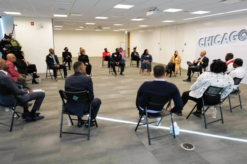 President Obama joins a roundtable discussion with Chicago grassroots community leaders at the Obama Foundation office in Chicago, IL on December 2, 2021.